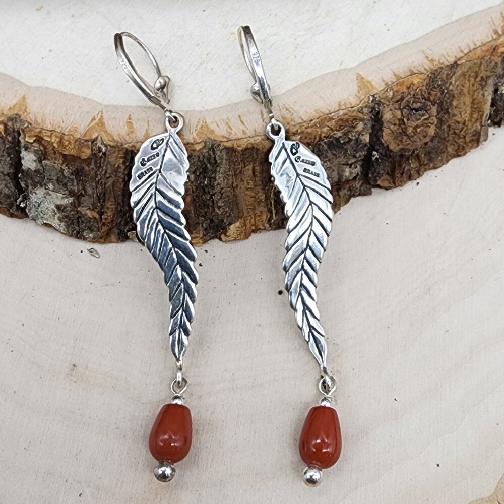 Carolyn Pollack 925 Sterling Brass Coral Single Feather 2.8" Earring Ladybug 10g